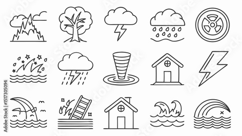 A modern outline icon set highlighting natural and meteorological threats—flooded homes, thunderclouds, tidal forces, and electric storms for informative graphics, mobile apps, and public signage.