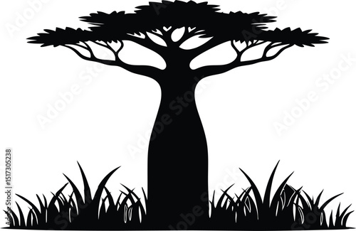 Baobab tree grass silhouette, Stunning landscape with a line of majestic baobab tree silhouette, against a golden sunset sky silhouette vector illustration