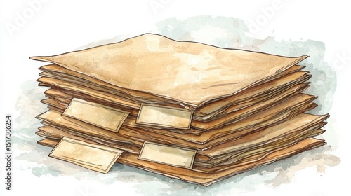 A realistic watercolor illustration of a tall stack of aged old paper documents and files with blank labels and envelopes, detailed and textured vintage paperwork scene