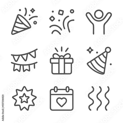 Celebrate with nine black line icons representing different aspects of popper confetti. Ideal for party invitations, event posters, and festive designs.