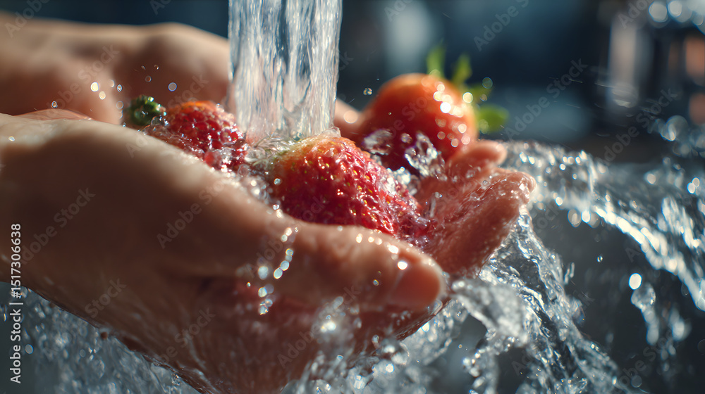 Fototapeta premium Washing Fresh Strawberries Under Running Water