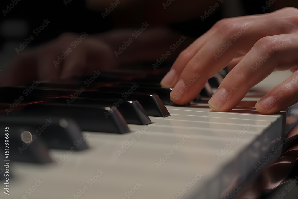 Obraz premium Closeup of Hands Playing Piano Keys: A Musical Performance Capture