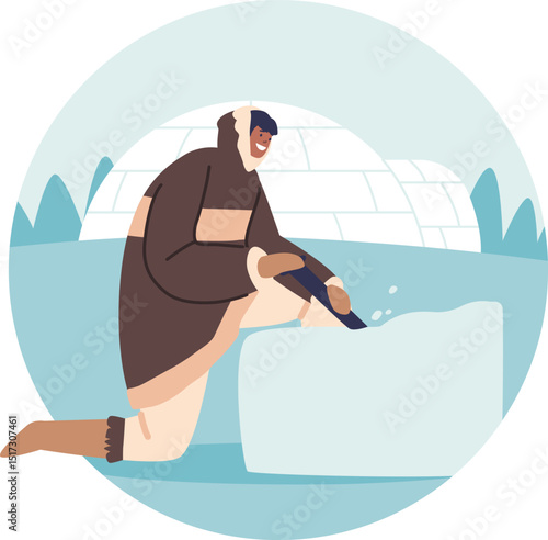 Eskimo man building igloo shelter