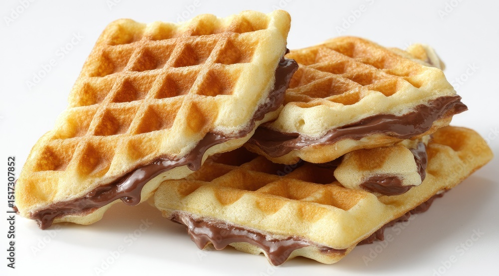 A stack of golden-brown waffles, small and square, with a rich chocolate spread generously filling the crevices between their gridded surfaces. A stack of golden-brown waffles, small and square, with a rich chocolate spread generously filling the crevices between their gridded surfaces.