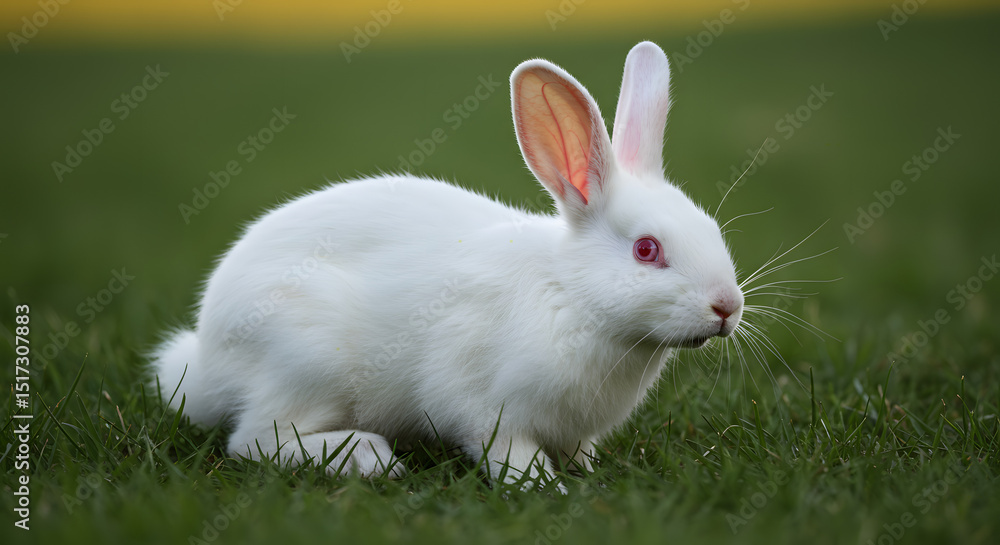 Fototapeta premium White rabbit sitting on green grass