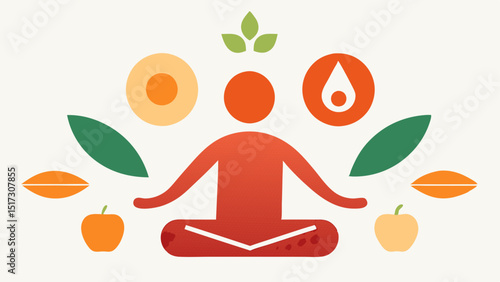 Holistic Approach An icon depicting a harmonious balance of body and mind with elements like yoga poses fruits and infusions symbolizing overall wellness.