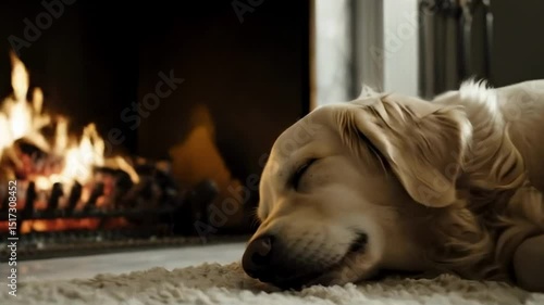 Wallpaper Mural Golden retriever peacefully sleeping on a cozy rug near a warm fireplace, creating a serene atmosphere in a stylish living room - marble fireplace Torontodigital.ca
