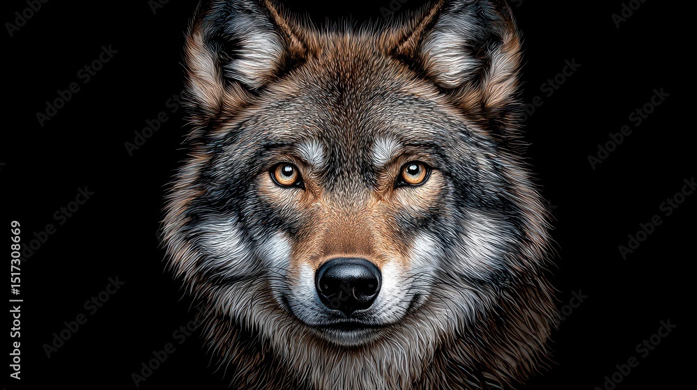 Fototapeta premium Pointillist Wolf Portrait Against Black Background