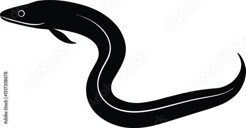 Eel fish silhouette art vector style illustration, Black silhouette an eel like fish with a curved vector