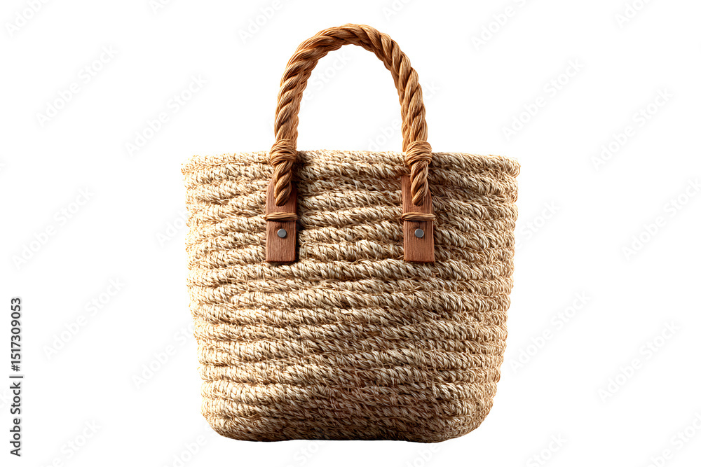 Elegant handcrafted woven tote bag with leather details on a transparent background Elegant handcrafted woven tote bag with leather details on a transparent background