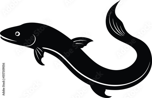 Eel fish silhouette art vector style illustration, Black silhouette an eel like fish with a curved vector