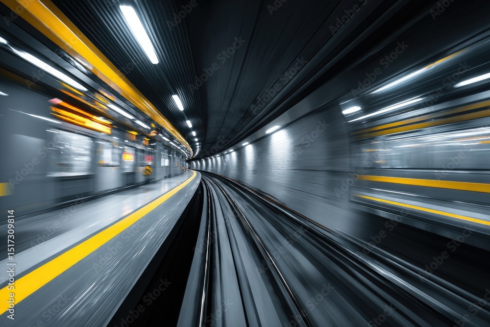 Motion-blurred image of a train speeding through a subway tunnel, the platform and track visible with a yellow safety line Motion-blurred image of a train speeding through a subway tunnel, the platform and track visible with a yellow safety line