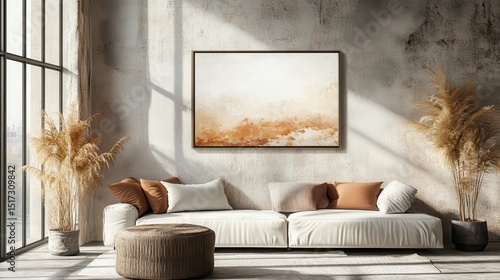 Horizontal digital frame mockup above couch, modern boho living room, daylight through big window, soft textures 