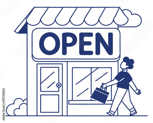 A person walks towards a store marked open with a shopping bag, line art illustration