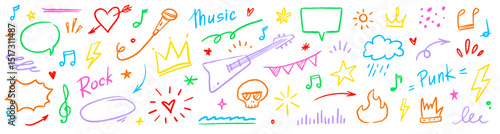 Music star doodle icon punk rock set. Hand drawn music sketch guitar, microphone, skull. Fun graffiti star shape doodle arrow, crown, speech bubble grunge decoration elements. Vector illustration
