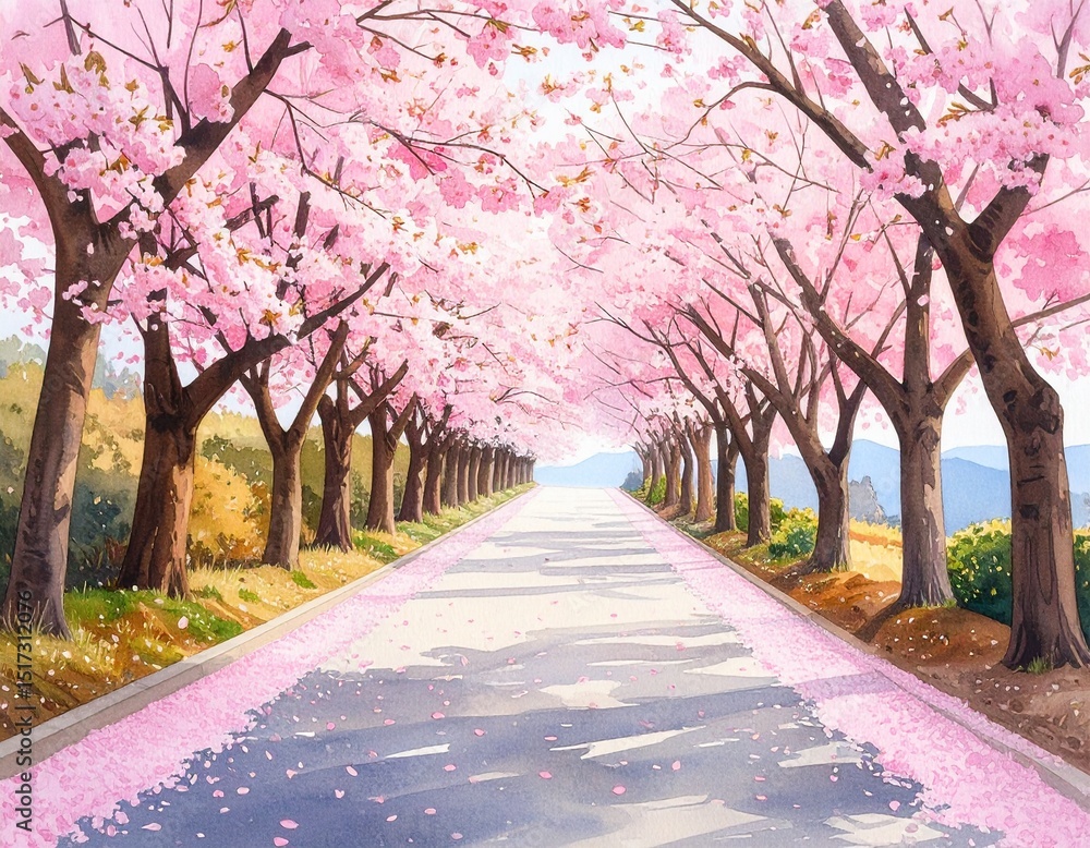 Naklejka premium Watercolor Cherry Blossom Path – Gentle Spring Illustration