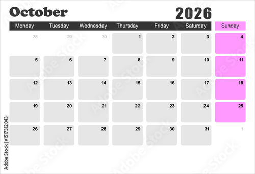 2026 monthly desk calendar template, The week start on monday, EPS file vector