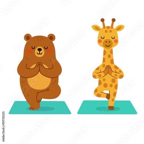 Cute Bear and Giraffe Practicing Yoga
