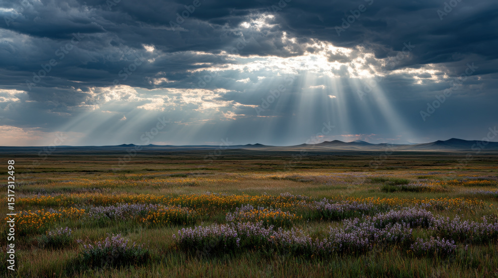 Dramatic sky with sunbeams illuminates vast prairie landscape filled with wildflowers and distant hills Dramatic sky with sunbeams illuminates vast prairie landscape filled with wildflowers and distant hills