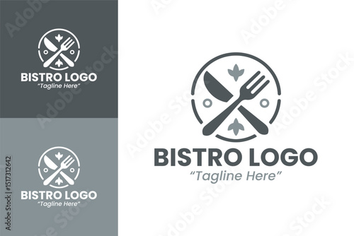 Stylish Bistro Logo with Fork, Knife, and Elegant Leaf Motif for Food Business