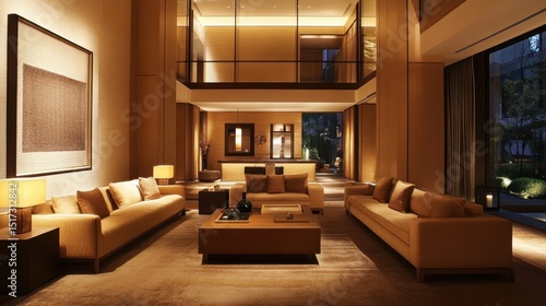 luxurious house interior, elegant and modern design, spacious living room, high-end furniture, small windows, soft lighting, warm color palette 