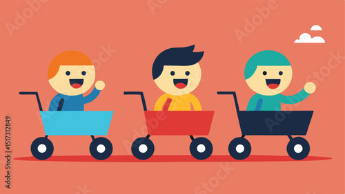 Cart Race Two friends race carts in a fun competitive manner down an empty aisle laughter on their faces while the third friend watches in amut.