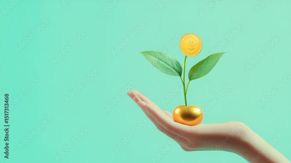 Conceptual growth visualization with digital currency and green foliage representing finance