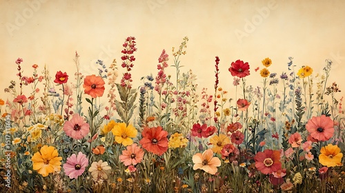 Antique-style botanical painting of densely packed wildflowers, varied species blooming in earthy reds and yellows, flat layout perspective.