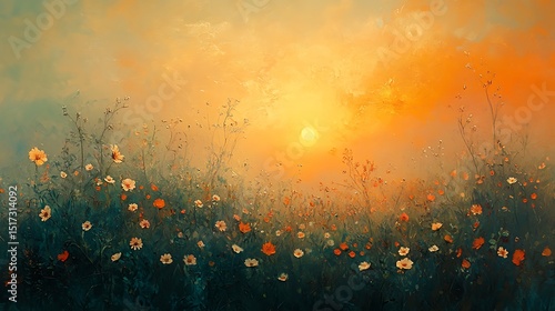 Dreamy romantic landscape painting of wildflowers glowing under a setting sun, viewed from ground level with horizon glowing orange. Soft-focus edges, pastel colors blending.