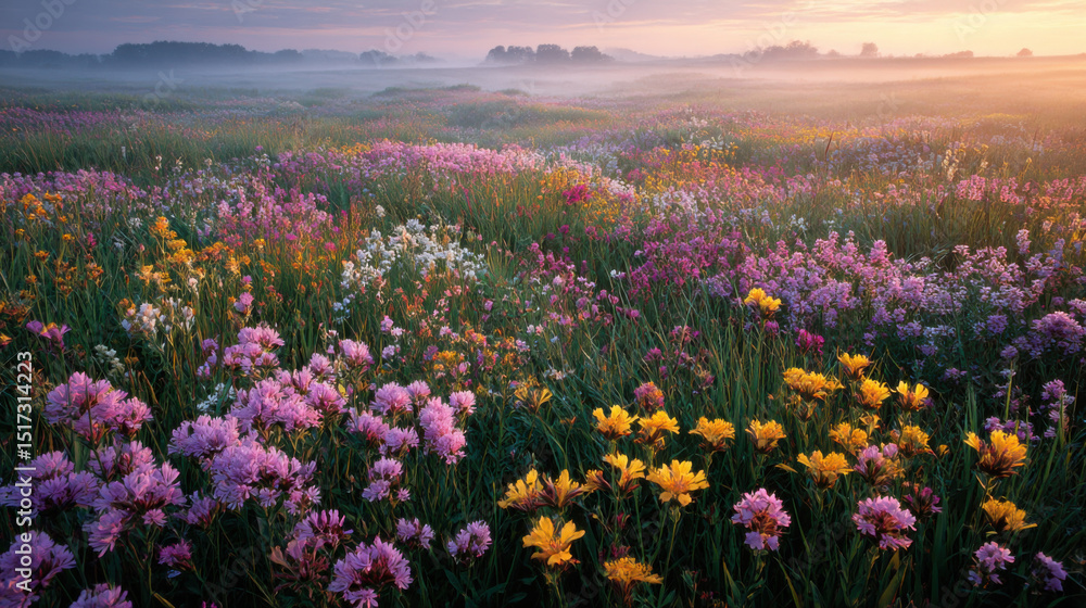 Obraz premium Vibrant meadow filled with colorful wildflowers under misty sunrise