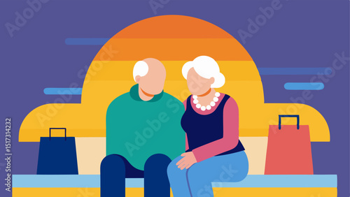 An elderly couple resting on a bench the woman leaning her head on her partners shoulder surrounded by colorful shopping bags with a sunset in the background.