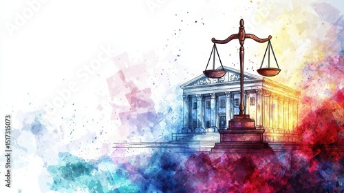 Vibrant watercolor illustration of a balanced scale symbolizing justice and law in front of a classical courthouse building with colorful splashes and artistic effects