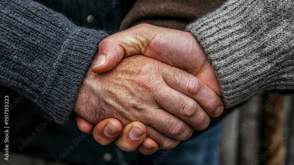 Fototapeta premium Close Up Weathered Hands Clasped in Firm Handshake