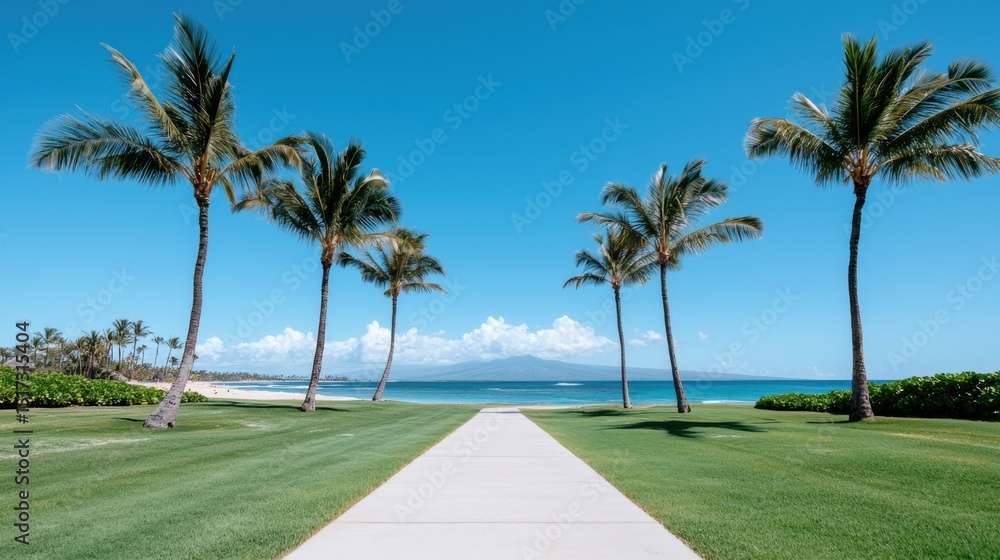 Fototapeta premium Tropical Beach Path with Palm Trees, Hawaii
