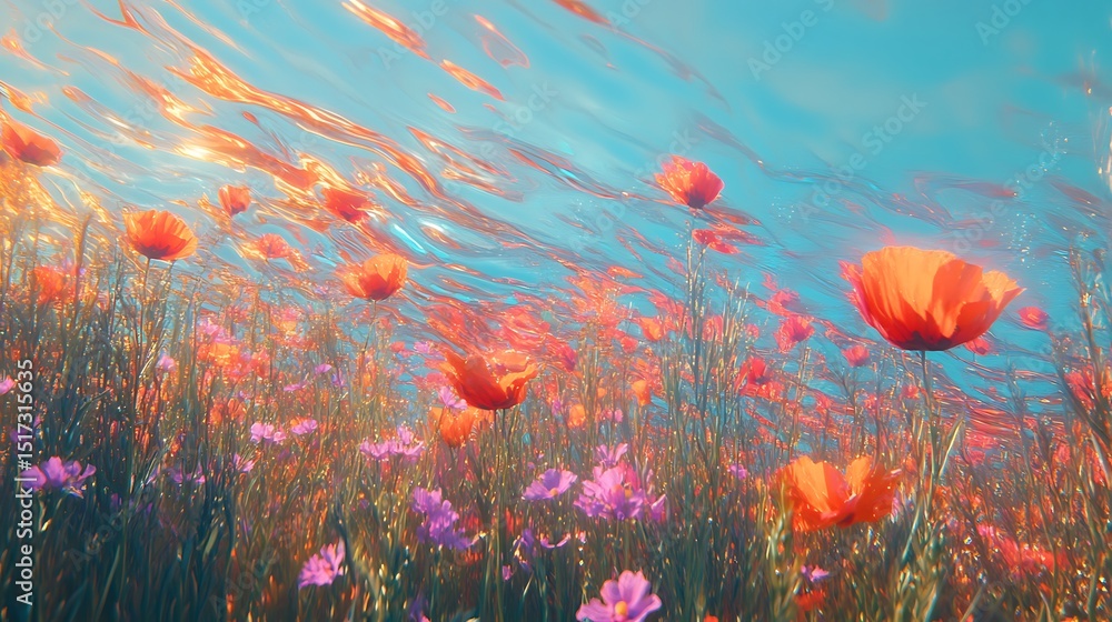 Obraz premium Impressionist painting of a sun-drenched flower field, poppies and cornflowers scattered in shimmering light, rolling waves of color and texture. Mid-range view. Created Using: high chroma oil paint,