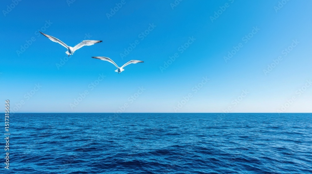 Obraz premium Two Seagulls Flying Over Calm Ocean