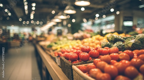 A vibrant produce section in a well-lit grocery store, showcasing an array of colorful fresh tomatoes, peppers, and other vegetables in wooden crates, 