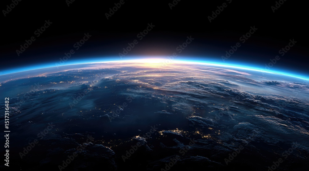 Fototapeta premium A breathtaking sunrise over Earth viewed from space, showcasing the planet's curvature, atmosphere, and city lights scattered across the night side. Dark space provides a stark contrast