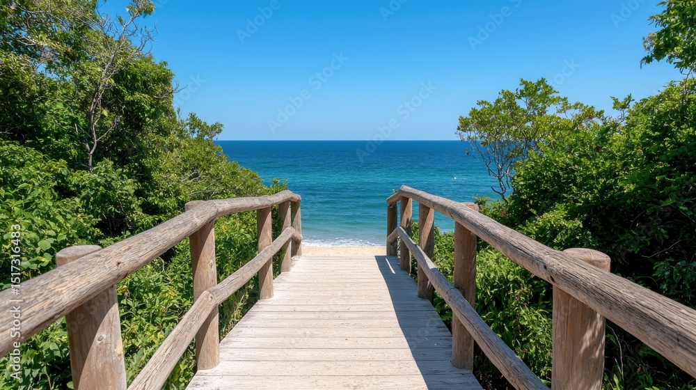 Fototapeta premium Wooden boardwalk to secluded beach, summer