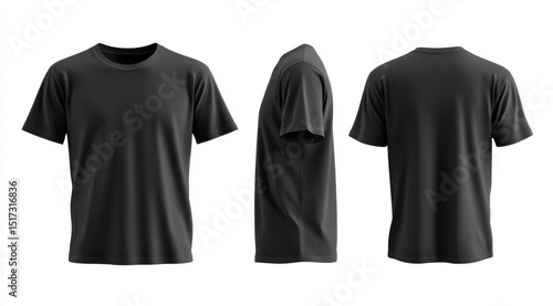 Three-view illustration of a plain black t-shirt isolated on white background, mockup template concept with front, side and back views, 3d rendering