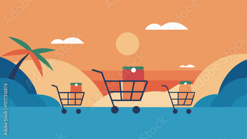 Carts in Paradise Shopping carts adorned with tropical items flying above a serene ocean aiming for a SALE banner set against a picturesque sunset.