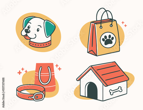 Adorable dog themed illustration featuring a puppy face paw print bag dog house and collar