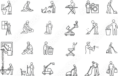 Collection of various cleaning and maintenance line icons