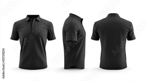 Black short sleeve collared t-shirt isolated on white background, mockup template concept with front, side and back views, 3d rendering