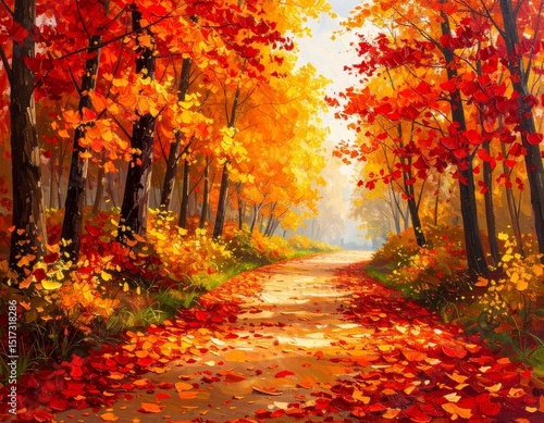 Oil Painting Autumn Path – Textured Fall Landscape