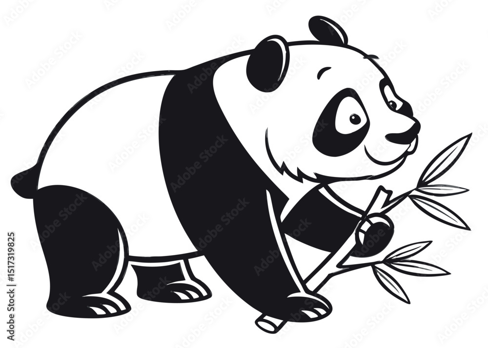 Fototapeta premium Adorable smiling panda bear eating bamboo cartoon illustration black and white vector art