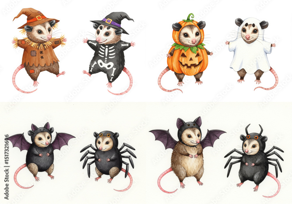 Naklejka premium Possum Pals Halloween Costumes - Eight adorable possums dressed in whimsical Halloween costumes. A charming and festive autumnal scene, perfect for seasonal greetings. Symbolizing fun, creativity