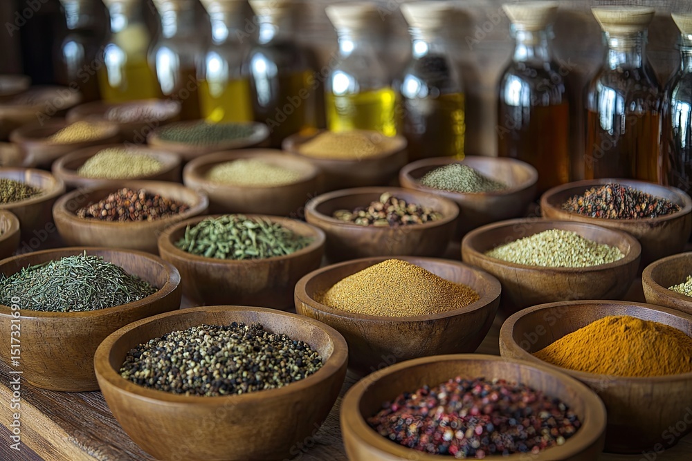 Fototapeta premium Wooden bowls filled with various spices and herbs