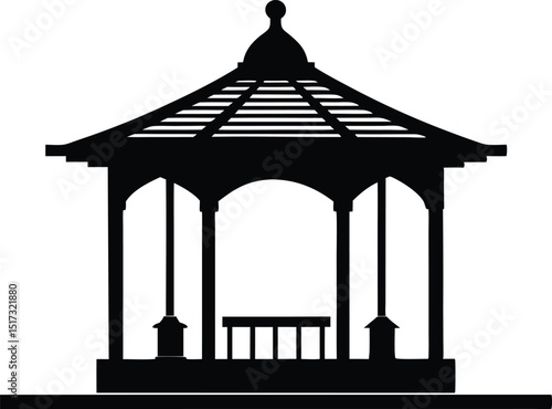 Elegant outdoor gazebo silhouette, Gazebo silhouette vector, Gazebo icon, Black gazebo park silhouette vector