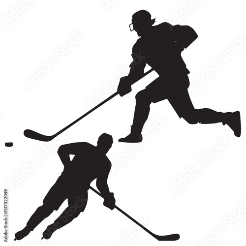 silhouette of two ice hockey players in action one skating and the other shooting puck black vector illustration isolated on white background for sports design